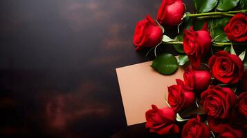 Beautiful roses and paper on wooden background. Generative AI. photo