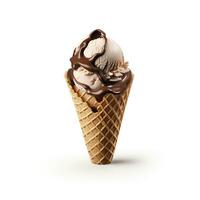 Chocolate ice cream in waffle cone. Generative AI. photo