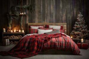 Christmas interior with a bed in a red plaid. Generative AI. photo