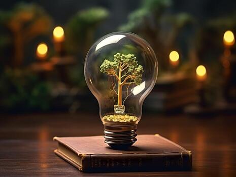 Light bulb with tree inside on a book. Generative AI. photo