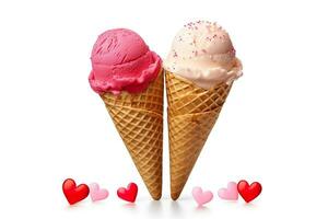 Two ice cream cones and heart ornaments. Valentine concept. Generative AI. photo