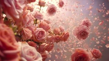 Pink roses in the air. Generative AI. photo