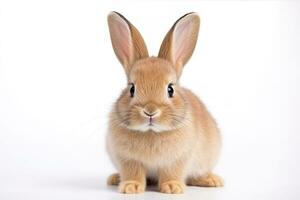 A brown rabbit sitting on white background. Generative AI. photo