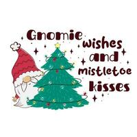 Vector illustration of a Christmas card with cartoon gnomes and the inscription gnomie wishes and mistletoe kisses. ready-made greeting card template.