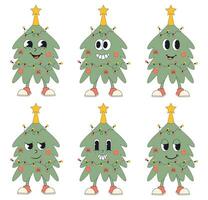 Groovy retro style Christmas tree set with different emotions face vector