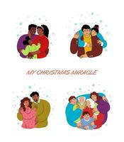 Happy diverse families, warm hug at home. Doodle vector