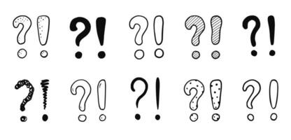 Doodle exclamation point and question sign mark set. Hand drawn sketch style exclamation point sign, question mark. Scribble doodle warning sign. vector
