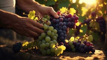Fresco manojo de uvas en el manos de un viñedo granjero con viñedo antecedentes y puesta de sol. ai generativo foto