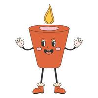 Retro cartoon funny candle character. Merry Christmas and Happy New Year. Vector illustration.