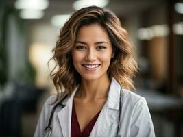 Portrait of a happy female doctor with hospital background, Smart and Enjoy doctor, Health Care Concept, AI Generative photo