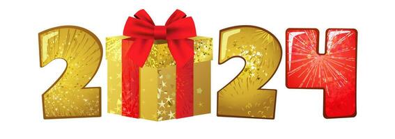 2024 shiny web icon with golden gift box. 3D graphic design. Happy New Year 20 24 creative red and gold number. Horizontal greeting card. Banner template. Isolated sign. Festive symbol with glitters. vector