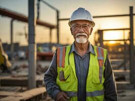 Portrait of senior factory worker smiling looking at camera standing, Aged man working in an industrial factory, Elderly engineer leader. ai generative photo