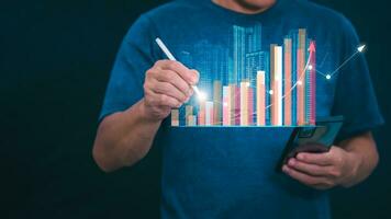 Planning and strategy, stock market, business growth, progress or success concept, businessman or trader showing real estate stock Virtual holograms, invest in stock market trading or digital assets. photo