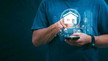 Planning and strategy, stock market, business growth, progress or success concept, businessman or trader showing real estate stock Virtual holograms, invest in stock market trading or digital assets. photo