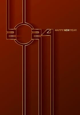 golden 2024 Happy New Year card with premium foil gradient texture lines, red background. Festive luxury design for holiday card, invitation, calendar poster. 2024 New Year gold text