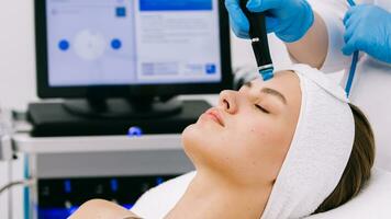 Face Skin Care. Close-up Of Woman Getting Facial Hydro Microdermabrasion Peeling Treatment At Cosmetic Beauty Spa Clinic. Hydra Vacuum Cleaner. Exfoliation, Rejuvenation And Hydratation. Cosmetology. photo