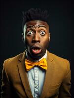 young man with African features dressed in a suit who appears to be shocked AI Generative photo