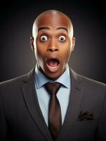 young man with African features dressed in a suit who appears to be shocked AI Generative photo