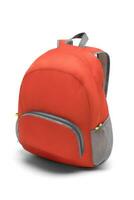 blank red backpack with zipper and shoulder straps isolated on white background. travel day pack rucksack. folding nylon school backpack. side view. photo
