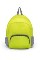 blank green backpack with zipper and shoulder straps isolated on white background. travel daypack rucksack. folding nylon school backpack. front view. photo