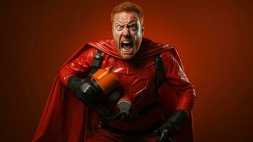 Funny red haired man dressed like a superhero with a gas mask isolated on orange background. photo