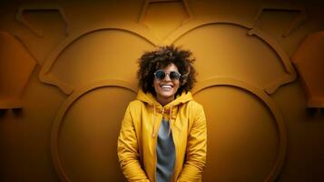 Happy african american woman in yellow hoodie and sunglasses over yellow texture background. photo