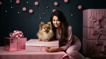 Beautiful woman with pomeranian dog in pink room with box gifts decorated for Christmas. photo