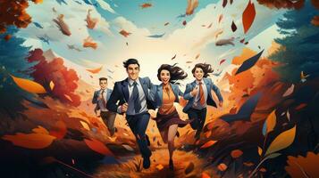 Happy group of young business people running in autumn forest. 3d render illustration. photo