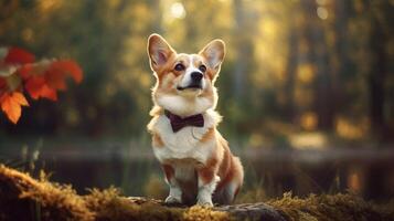 A corgi in a bow tie on the back of a forest AI Generated. photo