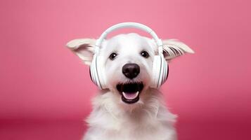 un contento blanco perro vistiendo auriculares escucha a música en un rosado antecedentes ai generado. foto
