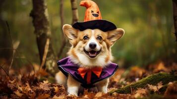 un contento corgi en disfraz celebra Víspera de Todos los Santos en un otoño bosque ai generado. foto