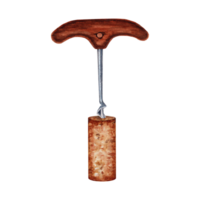 Wooden corkscrew with wine cork isolated on transparent background. Hand drawn watercolor illustration. Vineyard wine tasting element. Collection perfect for menus, restaurants, wine bars, invitations png