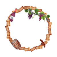 Wreath round frame with wine corks, bunch of grapes, wooden barrel and a bottle of red wine. Watercolor illustration on transparent background  perfect for invitations, menus and card designs. png