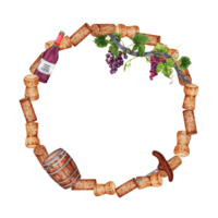 Wreath round frame with wine corks, bunch of grapes, wooden barrel and a bottle of red wine. Watercolor illustration on transparent background  perfect for invitations, menus and card designs. png