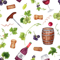 Seamless pattern with grapes, green leaves, grape vines, barrel, red wine bottle, wine corks and screw. Hand drawn watercolor illustration. png