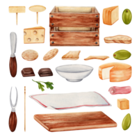 Picnic tasting menu set with cheese slices, olives, ham, crackers, serving board, table cloth, wooden crate, knife and fork and a plate. Watercolor illustration isolated on transparent background. png