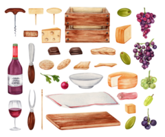 Food and drink menu tasting set with cheese slices, grapes, red wine, olives, crackers, serving board, table cloth, crate, knife and fork. Watercolor illustration isolated on transparent background. png