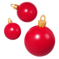 3d representación Tres rojo Navidad pelotas icono. realista esferas para invierno vacaciones. juguete para abeto árbol. ilustración para web diseño, saludo tarjeta, invitación png