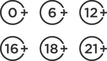 Set marks age limit sing restriction. Vector icons for children censoring content.