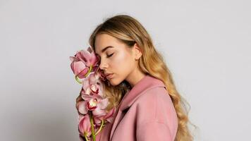 Seductive blonde woman in pink jacket posing in studio photo