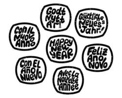 New Year grunge groovy stamps with scratches. Hand drawn black slogan Happy New Year in different languages in oval shape on white background. Typographic flat stickers vector