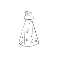 Hand-drawn Bottle with magic potion. Alchemy elixir. Magical substance. Wizardry beverage container. Sorcery liquid flask. Potion bottle. Magic alchemist elixir with bubbles. vector