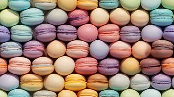 Colorful pastel macarons in rows texture pattern, ai generated photo