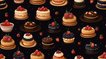 Dark and light cakes with fresh berries on a dark background, ai generated photo