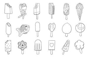 Set of detailed ice cream collections of various flavors and styles, front view, vector illustration, design for ice cream shop decoration