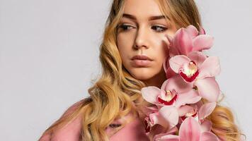 Seductive blonde woman in pink jacket posing in studio photo