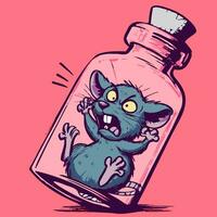 Cute and angry mouse trapped inside a jar. Vector of a mad rat in a bottle.