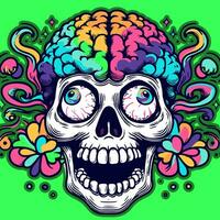 Psychedelic and colorful illustration of a funky skull with color splashes. Skeleton with a brain and trippy eyes. vector