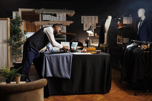 Smiling tailor showing precise craftmanship in professional atelier studio workspace, working on client comissioned business suit. Experienced suitmaker finishing bespoken sartorial attire photo