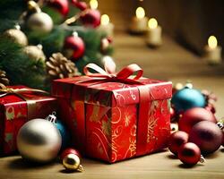 A Red Christmas Box and Christmas decorations. AI Genarative photo
